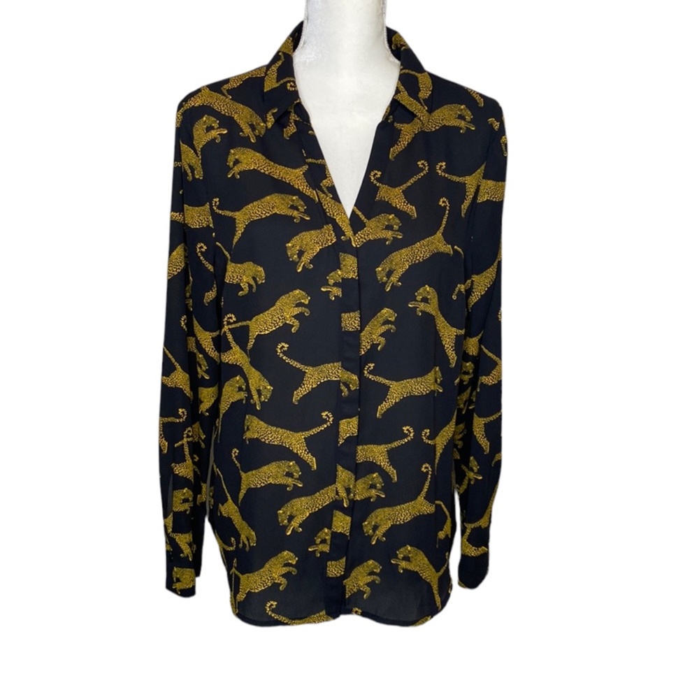 Worthingotn Black/Amber Leopard Print V-Neck Button Up Long Sleeve Blouse Size L - Picture 1 of 13